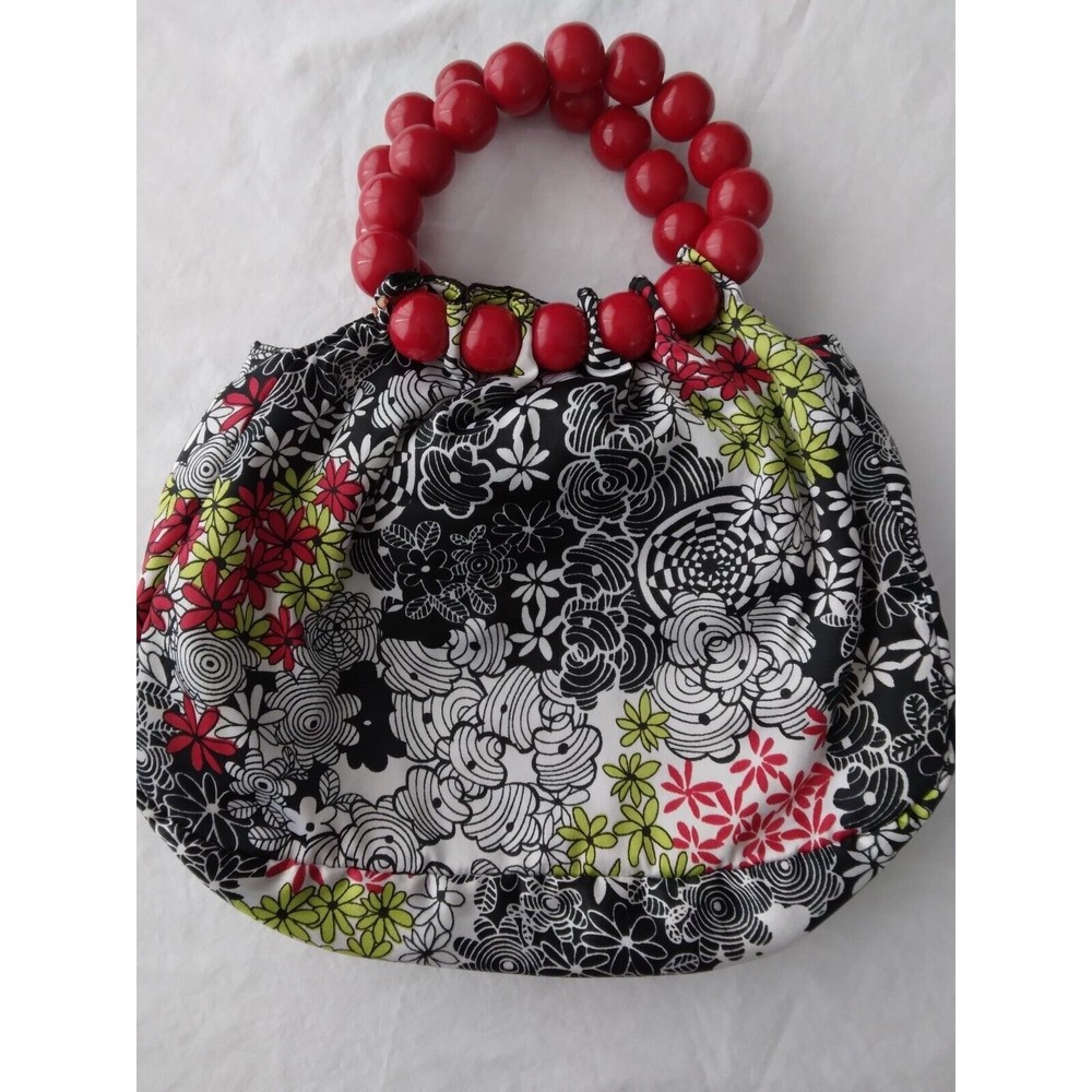 Womens Black White Sequin Beaded Handbag Italy Red Green Floral Red Bead Handles - Picture 4 of 9